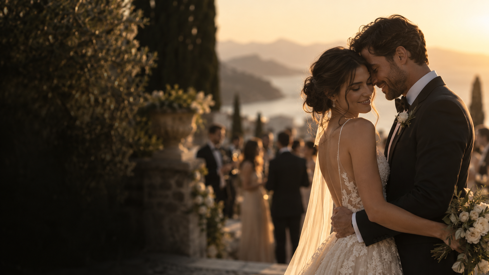 A newlywed couple sharing a quiet golden-hour moment while guests celebrate behind them